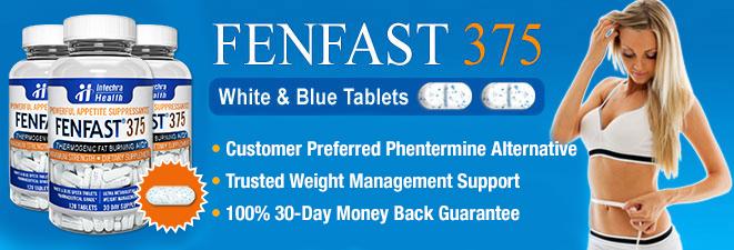 Best Adipex Alternative: FENFAST 375 Fast acting energizing formula - white and blue tablets